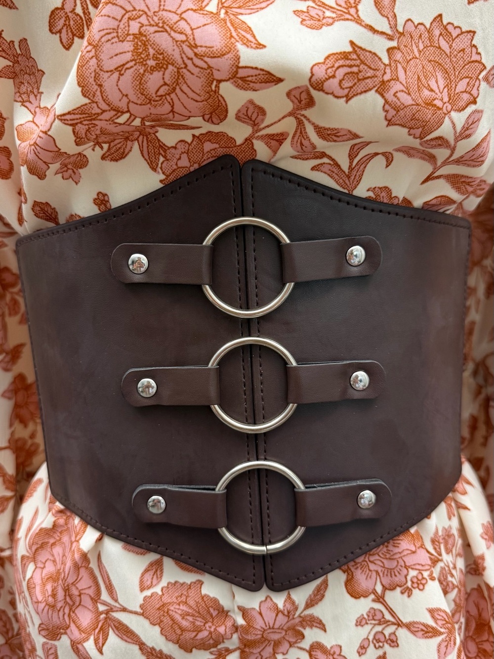 Brown Wide Elastic Corset Waist Belt Faux Leather Triple Ring Cinch Belt Boho